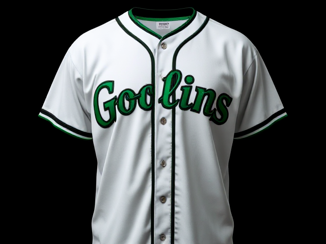 A white baseball jersey with goblins written across the front in green and black with black and green piping around the neck and cuffs of the jersey
