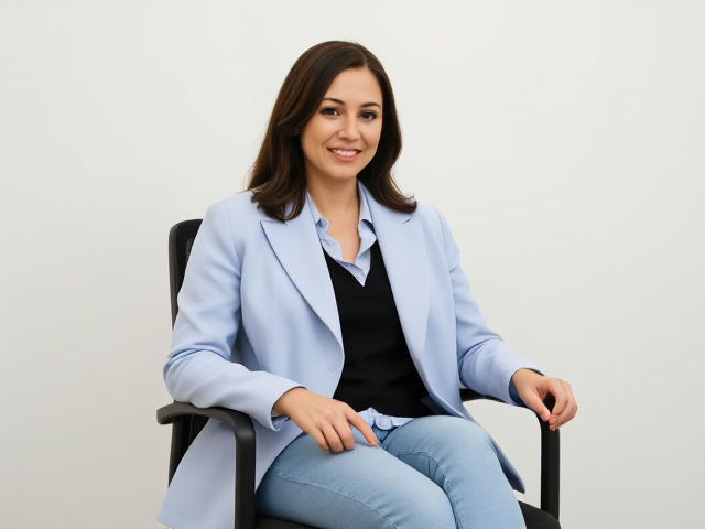 A brunette wearing a light blue coat and light blue jeans with a black vest and light blue blouse in her office chair interviewing