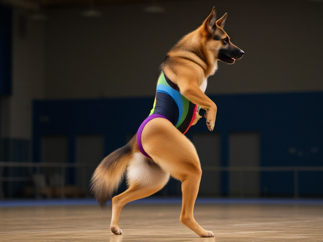 Anthropomorphic German shepherd with strong hips, wearing a colorful gymnastics leotard, performing in a gymnasium setting, dynamic pose