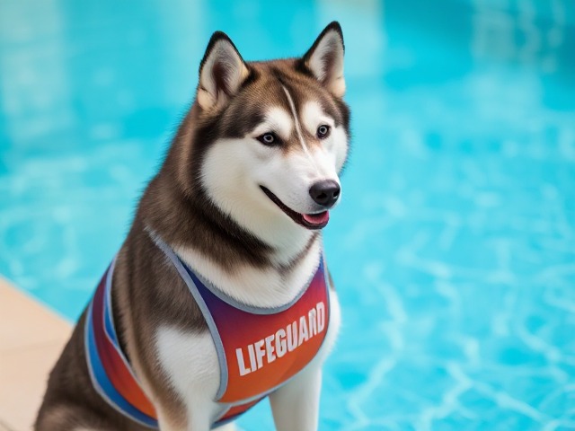 A anthropomorphic Siberian husky wearing a lifeguard swimsuit by a pool