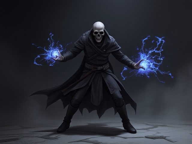 Create a rogue that uses dark and anti matter as weapons. He has a skull for a head and a shadow trail in his wake