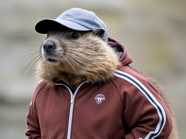 Create a picture of a beaver with a tracksuit and a cap on