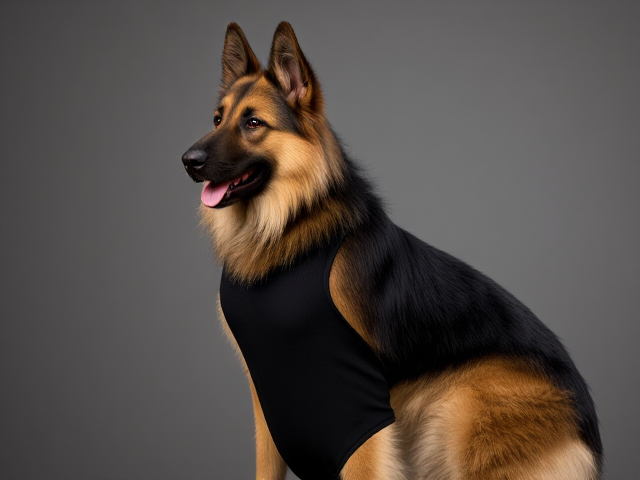 A anthropomorphic long haired German shepherd wearing a leotard