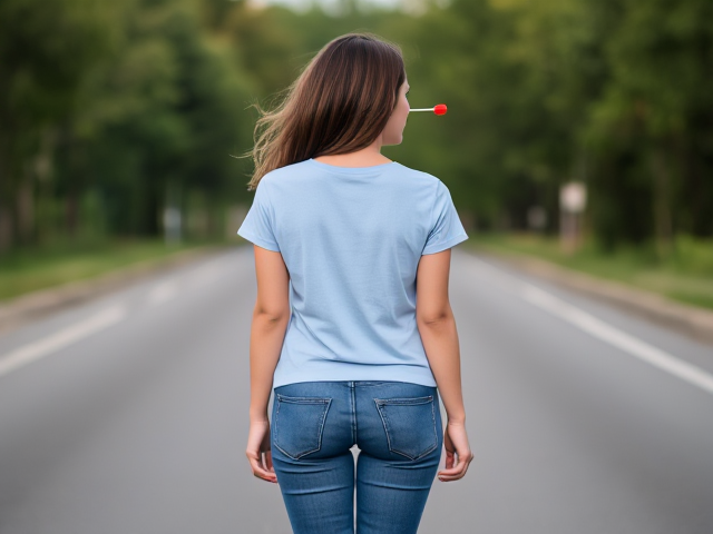 Brunette wearing a light blue t shirt and blue jeans on the road full body view with a dart in her back