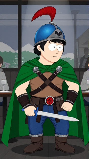 Dramatic South Park scene: Stan Marsh from South Park, light skin and black hair, but as a 14-Year Old teenager with a muscular body, wearing a light brown tank top, a black belt with brown pouches and a red buckle adorned with a castle emblem, with a few pouches and the scabbard for his sword attached to it, blue jeans, steel armored boots, jeweled wrist cuffs, a really big, heel-length long, ultra-wide green cape held up by two silver buttons with red jewels tethered by a strong wire connecting them both, and a blue helmet with one silhouetted buffalo head emblem on both sides, outlined by silver steel rims lined around and across the top, with a really long red feather sticking out at the top. He is now known as Sir Marsh. Despite still being a young teenage kid, he is the Youngest Commander of the Zaronian Army, and one of the youngest and greatest heroes hailing from South Park, Colorado, but now reborn as the real life Kingdom of Kupa Keep, Zaron. In this scene, the young teenage hero is currently sitting at a table in a restaurant, awaiting the arrival of someone he knows.
