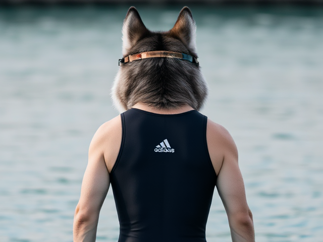 A anthropomorphic Siberian husky wearing an adidas swimsuit and swimming goggles