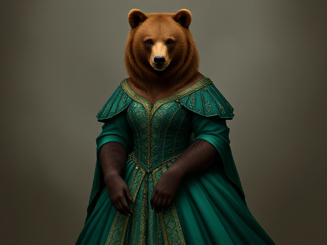 Image d'une femelle ours brun qui se tient debout de face
Habillé en princesse du moyen-âge, robe vert émeraude