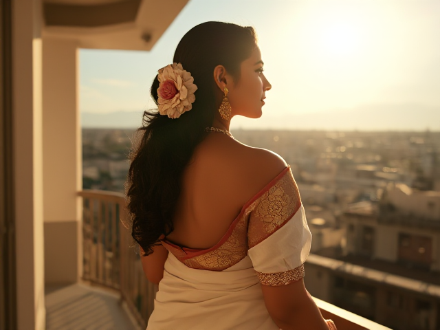 Indian woman in a white Saree with gold jewelry and back turned looking at the sky from a balcony