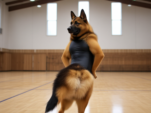 A anthropomorphic German shepherd with a strong butt wearing a gymnastics leotard in a gymnasium