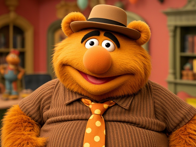 Fozzie Bear, a character from the Muppets, depicted as significantly overweight, wearing his signature hat and polka dot tie, set in a playful and colorful environment