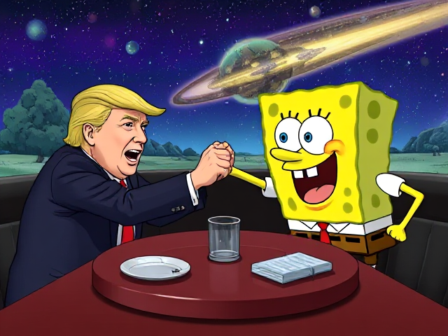 SpongeBob meets donald Trump at a limousine racing competition and SpongeBob wins a arm wrestle against Donald Trump while a asteroid is about to hit but they don’t notice
