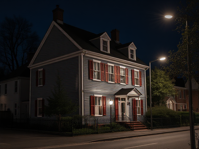A grey big house with red shutters in an old nice small suburb town on a side street