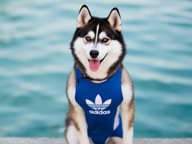 A cute anthropomorphic Siberian husky wearing an adidas swimsuit