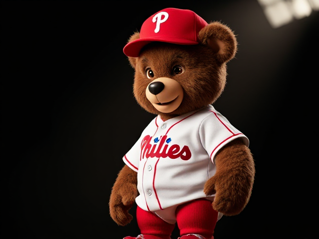 A  stocky human teddy bear brown fur brown eyes wearing a Phillies uniform red hat white jersey and pants red socks and cleats smiling