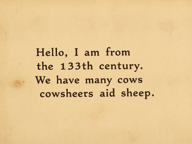 The following text written on an old ancient document: "Hello, I am from the 13th century. We have many cows and sheep"