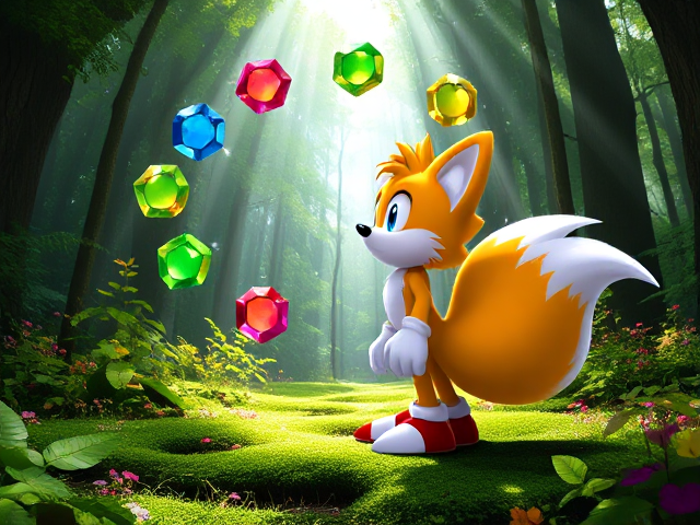 Miles Tails Prower, the two-tailed anthropomorphic fox from the Sonic the Hedgehog video game series, standing in a lush forest with beams of sunlight filtering through the trees. He is staring in awe at 7 floating emerald shaped rainbow-colored chaos emeralds surrounding him in a circle shape. Tails' orange fur is transforming into a shimmering golden yellow while his blue pupils turn an intense red. The forest floor is covered with vibrant green moss and colorful flowers. The sunlight creates a magical ambiance with sparkling particles in the air, adding an ethereal glow to the scene