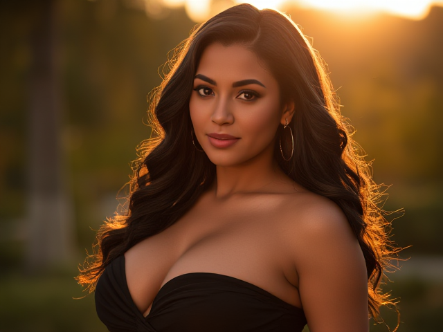 A stunning, confident woman with a curvy figure, dressed elegantly in a beautiful setting, soft lighting enhancing her features