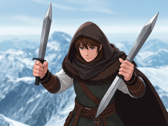 A young Viking with medium brown hair holding two dual wields Viking daggers, he’s in the snow ontop of a giant mountain looking down, he has a Viking cloak over his head, anime