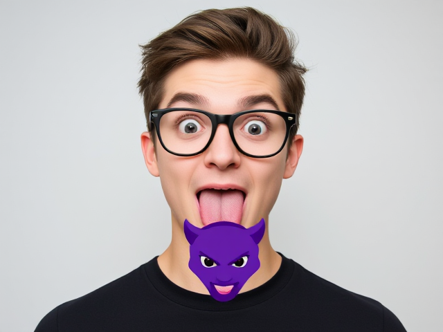 design a young man with a wide-eyed, exaggerated expression—his tongue sticking out in a funny, playful manner. Use slicked-back messy hair and dress him in a simple black t-shirt. Add a pair of thick glasses for a geeky look. Overlay a purple devil emoji near the bottom center of his body, slightly translucent, to imply a mischievous tone.