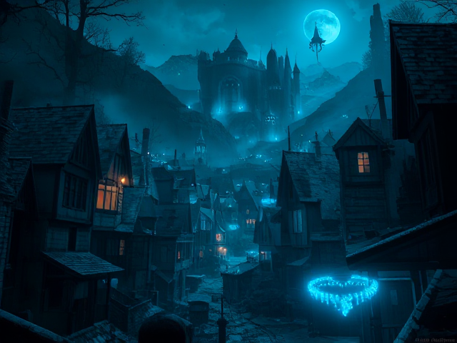 A ghost themed town with blue lights decorated