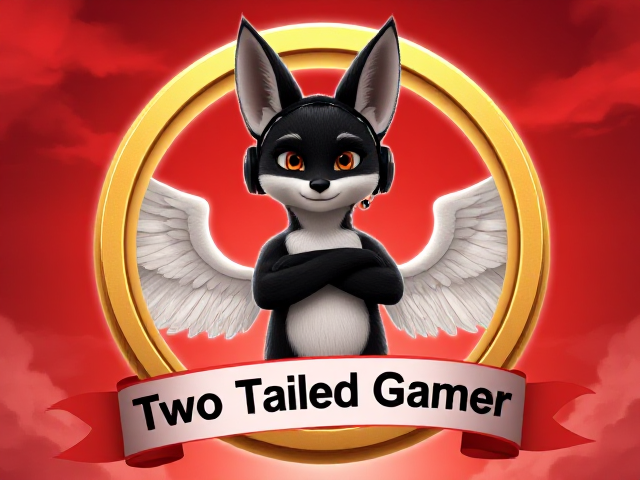A two-tailed fox with black fur and white accents on his muzzle, stomach, and ears. He is standing inside a giant golden ring with angel wings on the sides. The fox is clearly visible, has his arms crossed, and wears a gaming headset. Beneath the ring is a red and white banner that says “Two Tailed Gamer” in bold black text. The background sky is bright crimson red.