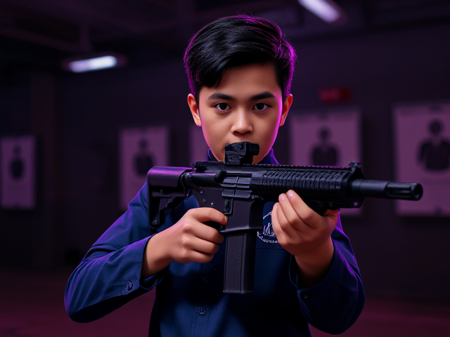 A young tanned Asian boy with dark, styled hair, wearing a neatly pressed blue school uniform, standing confidently at an indoor shooting range, holding a sleek, modern rifle with focus and precision