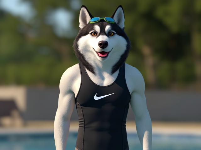 A anthropomorphic Alaskan malamute with a long torso wearing a Nike one piece swimsuit and swimming goggles