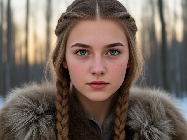 teen girl viking, light green eyes, braided light brown hair, freckles, in a snowy forest wearing furs