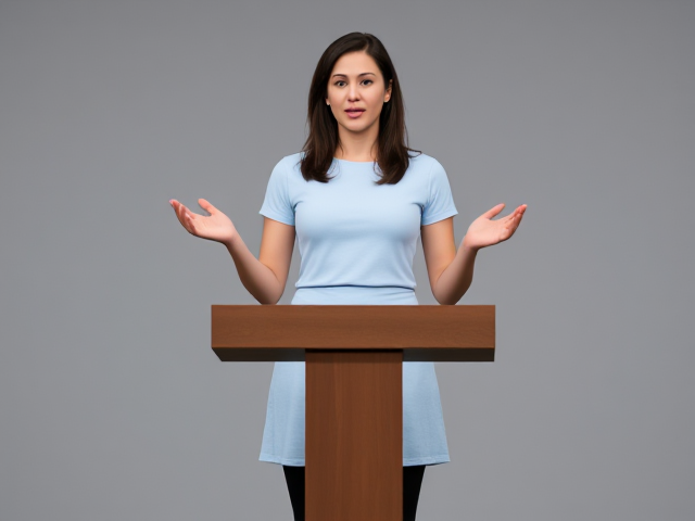 Brunette female , wearing a light blue t-shirt and skirt of the same shade, black leggings,   speaking at a podium full body view