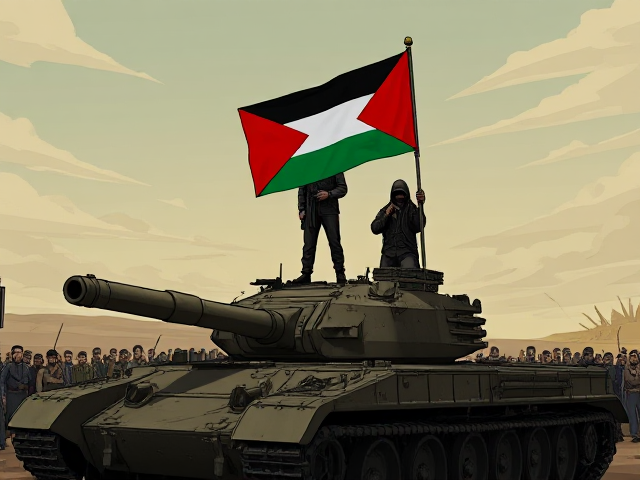 Accurate Palestinian Flag being waved by a hooded figure on top of an enemy destroyed tank as he is followed by the people of Palestine as a guardian after they have been surviving the attacks they are under. Animated in the style of the Telltale's The Walking Dead