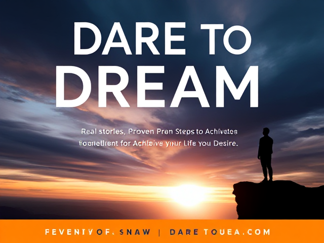 "Create a book cover for 'Dare to Dream: Real Stories, Proven Steps to Achieve the Life You Desire.' The cover should feature a dynamic sky, transitioning from darkness to a bright sunrise, symbolizing hope and new beginnings. In the foreground, include a silhouette of a person standing on a cliff's edge, looking out into the horizon with a sense of accomplishment and anticipation. The title 'Dare to Dream' should be large and prominent, with a clean, modern font, while the subtitle is smaller and positioned beneath it. Use a color palette that blends deep blues, purples, and orange hues, creating an uplifting and motivational tone."