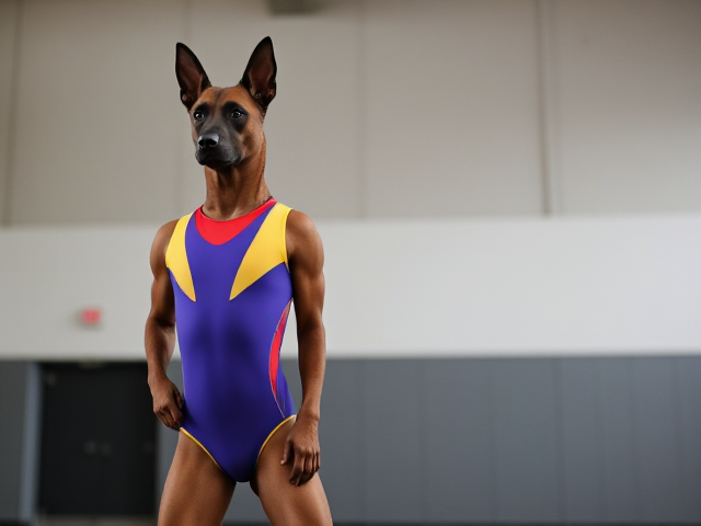 Anthropomorphic Belgian Malinois wearing a colorful gymnastics leotard, showcasing its athletic form and poise, set against a simple gymnasium background