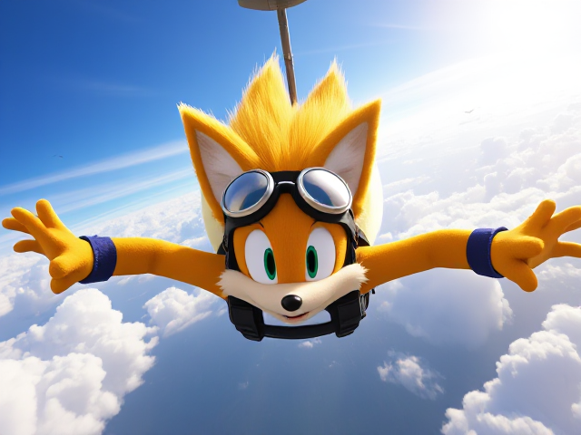 Miles Tails Prower, the two-tailed anthropomorphic fox from the Sonic the Hedgehog video game series, skydiving from a plane with his tails spinning rapidly for control, diving straight downwards at a 90 degree angle with a determined expression on his face. The background is vibrant and colorful, depicting a bright sky and fluffy clouds, with rays of sunlight breaking through the clouds and some birds flying in the distance. His fur is detailed and his goggles reflect the light beautifully, adding to the dynamic feeling of his dive