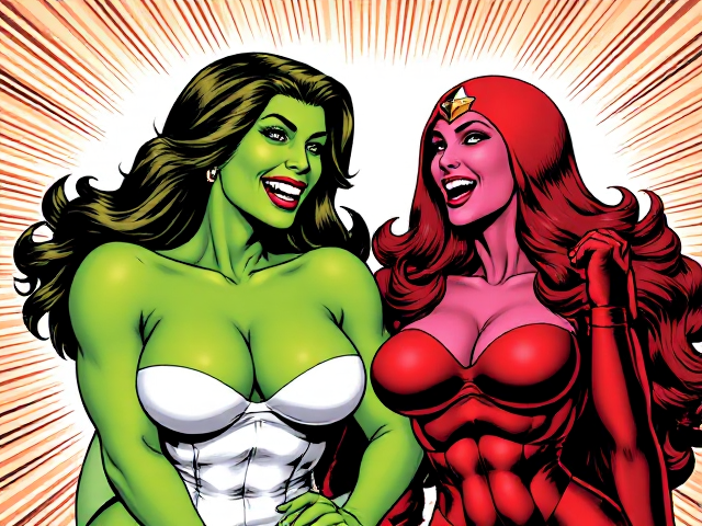 She-Hulk and the Scarlet Witch laughing hysterically with each other