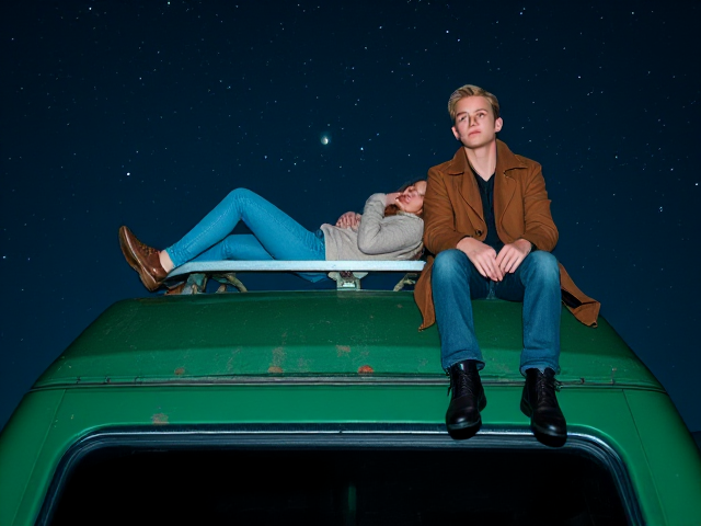 A petite 12-year-old girl with strawberry blonde hair, wearing a cozy pullover and jeans, is lying on the roof of a weathered green 1987 Chevy van. She is on her back, gazing up at the night sky filled with stars. Next to her on the roof of the van, sits a modern-day, pale skinned vampire in his late twenties, with striking blonde hair, dressed in a brown trench coat and jeans. He appears uneasy as he looks downward