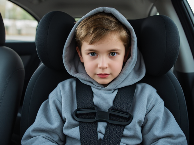feminine skinny teenage boy in baggy cloth and hoodie sitting in a child seat buckled in a 5 point harness with red buckle button