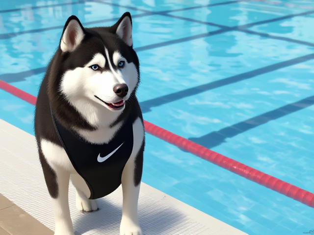 A anthropomorphic Alaskan malamute wearing a Nike one piece swimsuit while standing next to a Olympic sized swimming pool