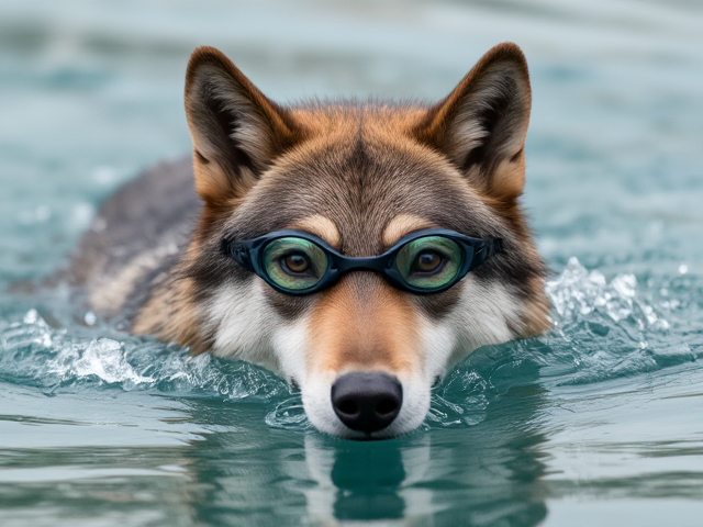 A Wolf swimming wearing swimming goggles