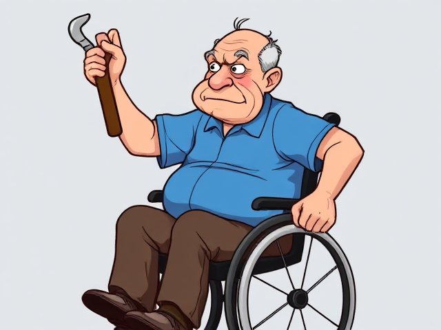 Draw a cartoon of an old grumpy man in a wheelchair throwing a spanner. He has brown and a blue shirt.