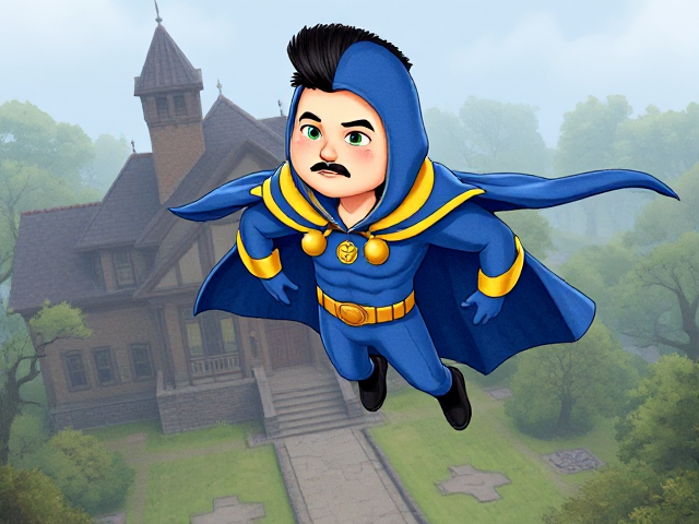 2D cartoon scene: A preteen 12-year old boy with light skin and freckles on his cheeks named Kyle Lipton, but transformed into a superhero named Dr. Dimensionpants, who, despite still being a kid, has an extremely muscular body. He wears a tight blue hood outlined by a yellow line that covers the back half of his head and leaves his ears exposed, with a smooth, slicked back black mohawk on top. He also wears a sleek blue bodysuit outlined with yellow lines on the cuffs of the sleeves and pants, a golden belt with a circular buckle, black boots, and a really big, toe-length, ultra-wide blue cape with a really big collar outlined with yellow lines wreathed around his neck held up by a golden button. The pupils in his eyes are green, and he has a black twin moustache. He also has incredible, invincible, and cosmic superpowers flowing through his veins. He is currently floating and levitating as he slowly glides and descends down to the grounds of an abandoned mansion after a long flight, preparing to land so he can begin his investigation, as he senses a mysterious energy within.