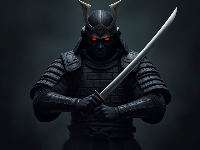 A naruto art style image of a dark, menacing samurai warrior in full battle armor stands ready, gripping his katana with both hands. The samurai’s face is hidden behind a fearsome mask with glowing red eyes. The background is shadowy and atmospheric, creating an ominous and intense mood. The image should be stylized in dark tones, with a focus on the samurai's details, including worn armor and the menacing aura around him.