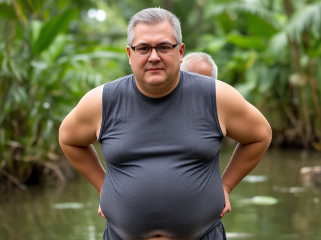 The man appears to be middle-aged with a light skin tone and a fuller, stocky build. He has broad shoulders and a sturdy upper body, with a slightly rounded midsection and a prominent belly. The fabric of his charcoal-gray sleeveless shirt fits snugly over his torso, subtly outlining the shape of his abdomen, including a faint impression of his belly button. His arms are full and solid, complementing his robust frame.
His facial features include short, neatly combed gray hair with hints of white, which adds to his mature appearance. He wears rectangular glasses with dark, sturdy frames that sit comfortably on his face, giving him a composed and neutral expression. His face is relaxed and passive, with no strong emotion conveyed. His overall posture is natural and at ease, with his shoulders slightly back, displaying a quiet confidence and comfort in his physique. The simplicity of his appearance, combined with his fuller body type and passive demeanor, gives him an approachable and grounded presence. The man is in a jungle swamp carrying an old man on his back