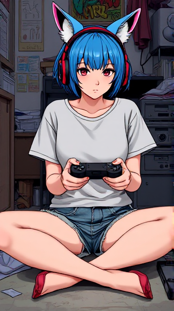 a manga graffiti style image representing a teenage girl sitting cross-legged. she has short blue hair with a pink gradient. she wears a large t-shirt revealing her shoulders, it is short, she wears holey and worn denim shorts.
she has headphones with fox ears.
she plays Playstation one.
the setting is a messy room