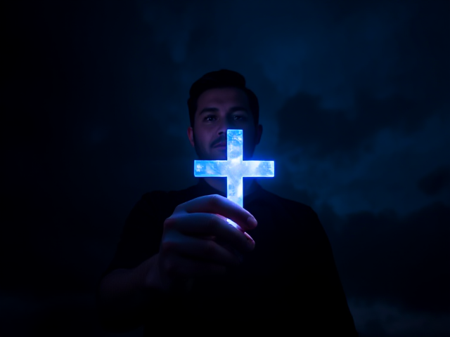 A man in deep blue coloring shining his mini cross in hand bright to a dark cloud to the right
