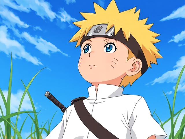 a colourful, anime-style scene in the style of Naruto. A young boy with spiky blonde hair, wearing a simple white shirt and a forehead protector with a leaf symbol, gazes upward thoughtfully against a vivid blue sky with soft, scattered clouds. He has light whisker-like marks on his cheeks, adding a sense of youthful innocence. A small weapon, like a short sword or staff, is strapped to his back, and long green grass sways around him, giving the scene a natural, tranquil feel. The colours should be vibrant, with a warm and nostalgic tone.