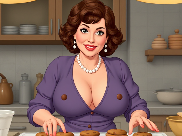 a very busty 50 year old gorgeous woman with a pearl necklace and plunging blouse is baking cookies.