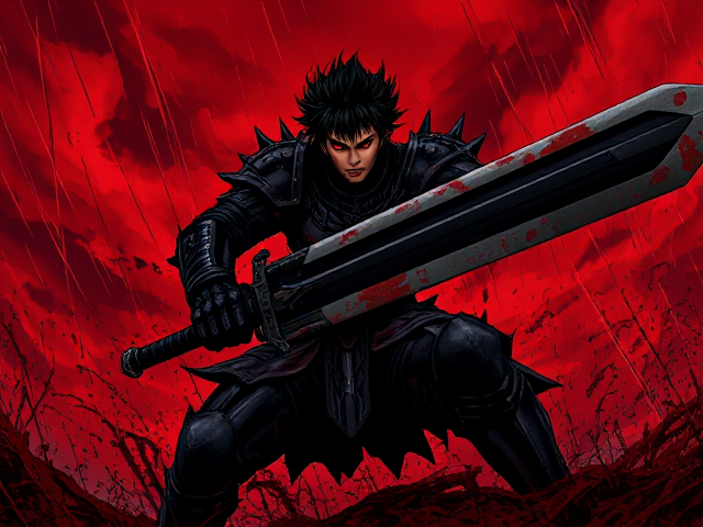 a dark, intense anime-style illustration inspired by Berserk. Depict a fierce, heavily armoured warrior with spiked black armour, wielding a massive, bloodstained sword. The character should have wild, spiky hair, glowing red eyes, and a menacing expression. The background should be a chaotic, blood-red sky with splashes and streaks of dark, inky blood raining down, adding to the violent atmosphere. The warrior should be posed in a powerful, dynamic stance, knee-deep in a desolate, red-soaked battlefield. The art style should feature sharp, detailed line work and high-contrast lighting to capture the dark, gritty essence of Berserk