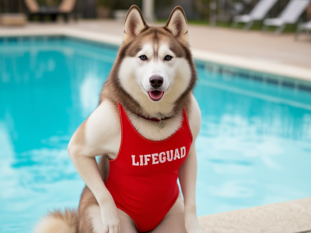 A anthropomorphic Siberian husky wearing a lifeguard swimsuit by a pool