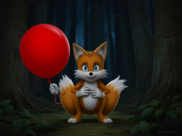 Tails the Fox gets very scared in the dark spooky forest holding a big red rubber balloon with his knees touching inwards SEGA Video Game