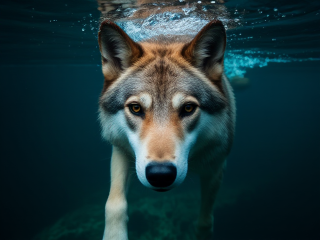 A Wolf swimming underwater wearing swimming goggles